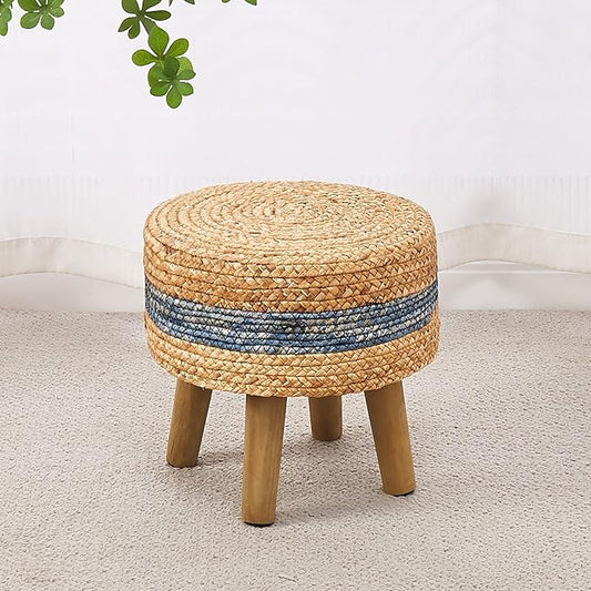 Cpintltr Round Ottoman Natural Seagrass Footstool Hand Weave Water Hyacinth Poufs Eco Friendly Sofa Foot Stool Soft Step Stool Padded Foot Rest with Pine Legs for Living Room (Blue)