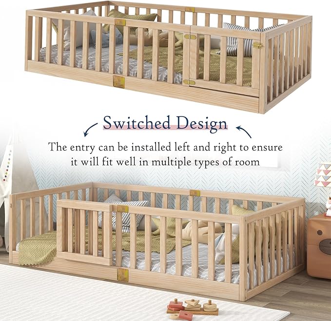 Tatub Twin Montessori Floor Bed with High Rails, Solid Wood Montessori Bed Frame for Kids, Door Can Install Left and Right, Twin-Nature