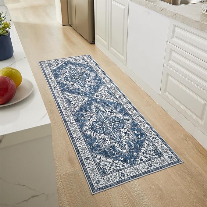WITSHOCK Boho Area Rugs Machine Washable for Living Room Bedroom, 2x6 Vintage Non-Slip Stain Resistant Floor Carpet Indoor for Bedroom Kitchen Entryway Bathroom, Blue