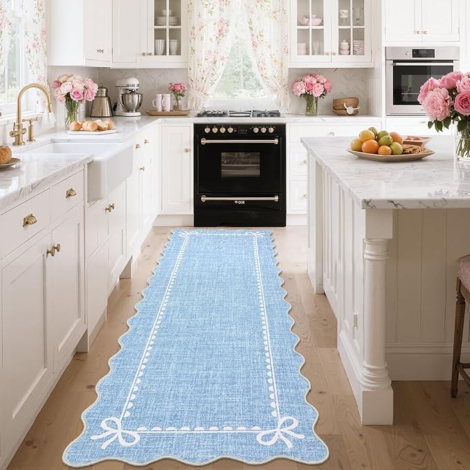 GarveeHome Scalloped Bow Rug for Living Room, Solid Blue Rug for Dorm, Washable Runner Rug 2.5x8 Soft Low Pile Non Slip Scalloped Rugs for Nursery Bedroom Decor Hallway Entryway Playroom