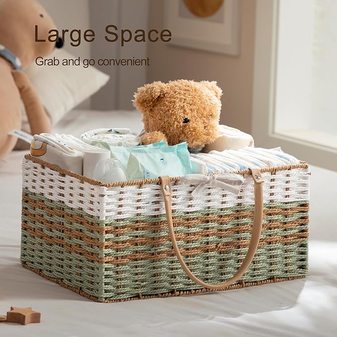 HBlife Large Diaper Caddy Organizer, Portable Paper Rope Woven Basket with Divider, Nursery Diaper Station Organizer, Baby Shower Gifts Basket & Car Organizer, Newborn Essentials