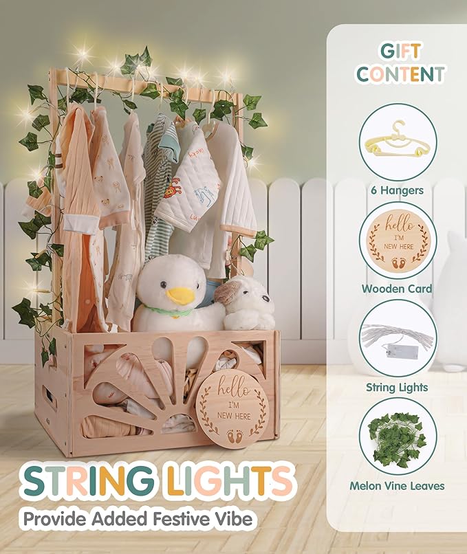 Wooden Baby Shower Crate Closet-Baby Shower Basket with Handle Hanger Rack String Lights Welcome Gift Basket Wooden Crate for Baby Shower Newborn Boys Girls Pregnancy Gifts for New Parents X-Large