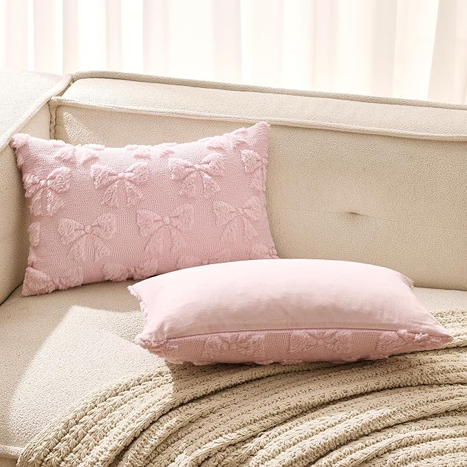 MIULEE Light Pink Bow Pillow Covers Coquette Room Decor Aesthetic Set of 2 Decorative Cute Girl Christmas Throw Pillow Soft Plush Faux Pillowcase for Girl Bed Couch Sofa,12x20 Inch