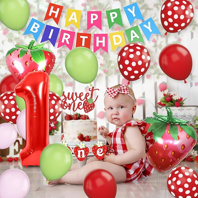 1st Strawberry Decorations for Girls, Red Pink Green Balloon With 40 Inch Number 1 Strawberry Foil Balloons Banner for Sweet One Baby Shower Berry First Birthday Party