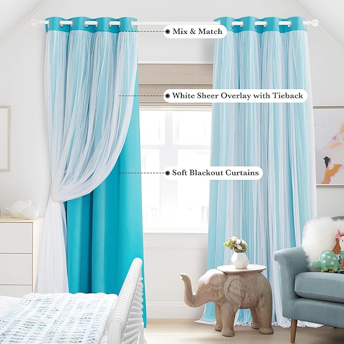 PONY DANCE Blackout Curtains 84 Inch Length - Layered Curtain Mix and Match Room Darkening Drapes with White Sheer Overlay Elegance Window Drapes with Tiebacks (One Pair, Teal Blue, 52 Inches Wide)