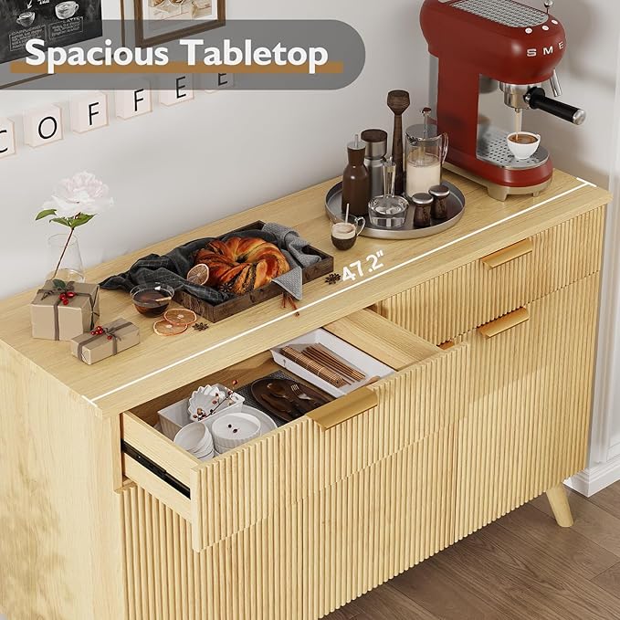 47" Buffet Cabinet with Storage, Natural Wood Fluted Sideboard with Drawers 3 Doors & Adjustable Shelves, Modern Accent Storage Cabinet Console Table for Living Room, Hallway, Entryway