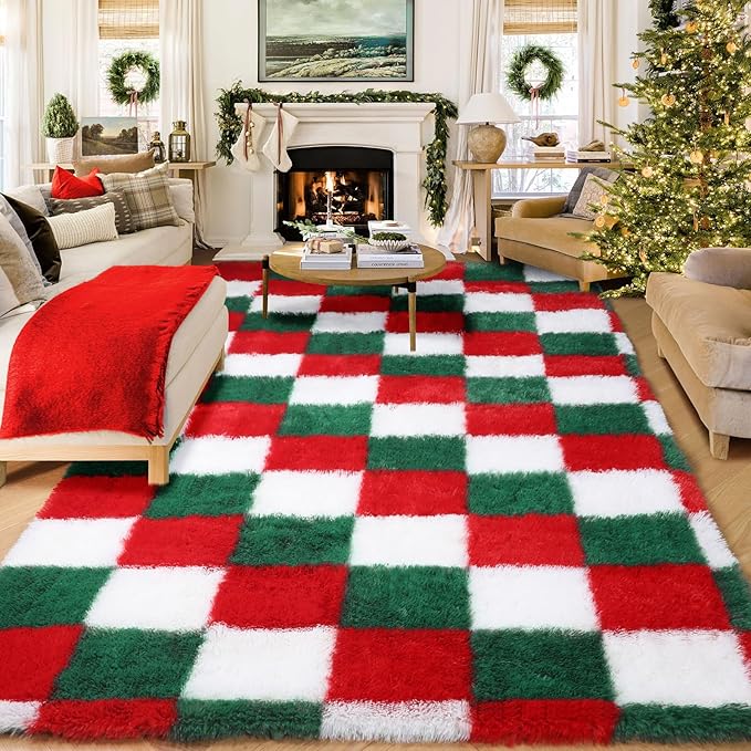 KICMOR Christmas Rug for Living Room, Fluffy Soft 5x8 Area Rug Red Green White Checkered Shag Shaggy Fuzzy Bedroom Carpet, Indoor Furry Plush Rugs for Kids Boys Girls Room Holiday Home Decor