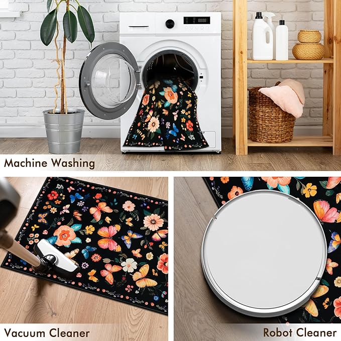 2x3 Machine Washable Area Rug, Non-Slip Small Vintage Floral Entryway Rug for Front Door, Low Pile Indoor Door Mat for Entryway, Bedroom, Dining Room & Kitchen(2x3 Black Floral)