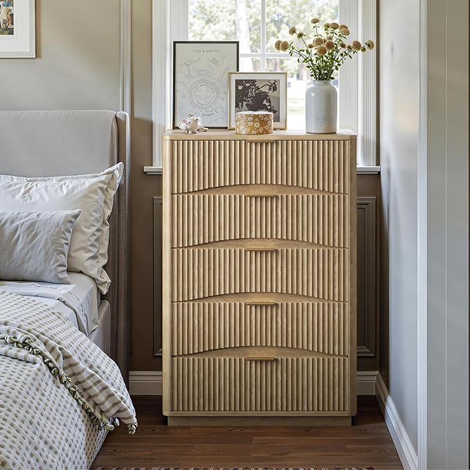Evermagin Fluted 5 Drawers Dresser, 47" Tall Wooden Dressers Storage Organizer,Modern Chest of Drawers for Bedroom with Deep Storage, Living Room,Entryway, Natural Oak