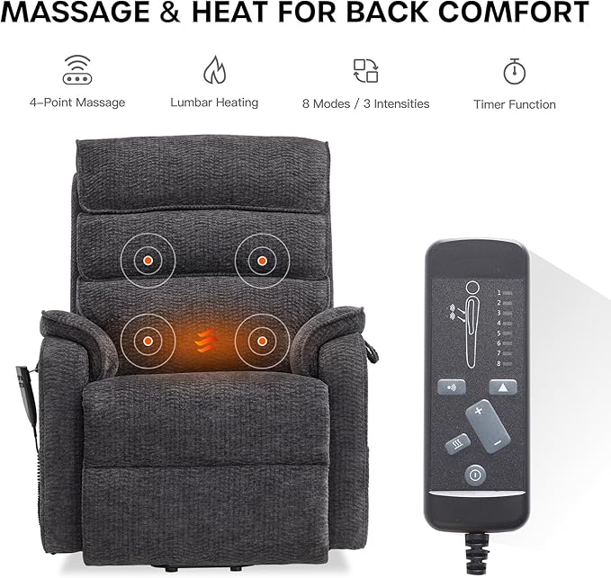 DYNOX 350 LBS Power Lift Recliner Chair for Elderly, Medium Size Dual Motor Lay Flat Infinite Positions Recliner with Heat & Massage(9188,Chenille,Grey)