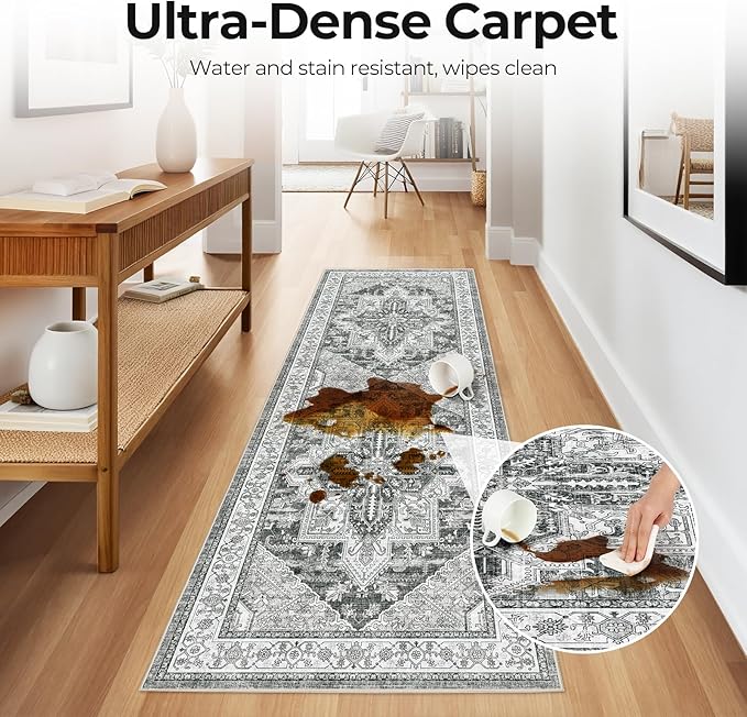 WITSHOCK Boho Area Rugs Machine Washable for Living Room Bedroom, 2x6 Vintage Non-Slip Stain Resistant Floor Carpet Indoor for Bedroom Kitchen Entryway Bathroom, Gray