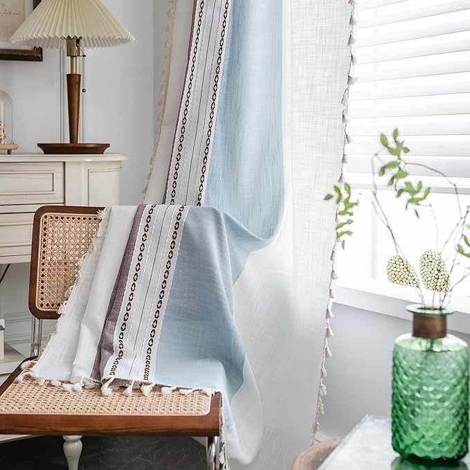 Deeprove Boho Linen Curtains 96 inch Length for Home Office Laundry Room, Contemporary Mid-Century Modern Tassels Window Treatment Bohemian Embroidery Drape 1 Panel 52" W x 96" L, Blue and Brown