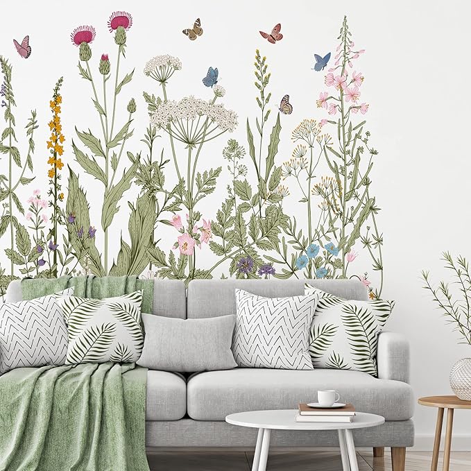 Zonon 6 Pcs Flowers Wall Decals Stickers Vinyl Removable Peel and Stick Colorful Dragonflies Floral Wall Murals Decor for Bedroom Living Room Nursery (Olive Green Flowers)