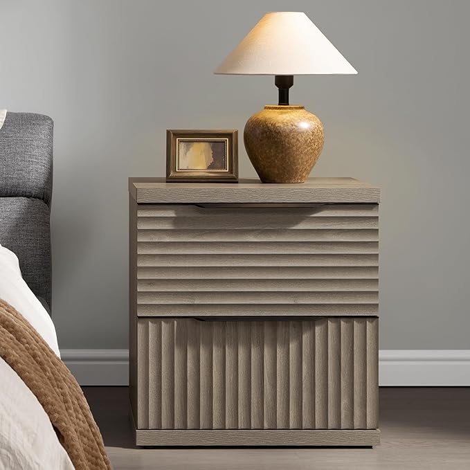 SICOTAS Fluted Night Stand Set 2 - Modern Nightstand with 2 Large Drawers, 22 Inch Wide Bedside Table for Bedroom, Mid Century Bed Side Tables Bedroom, Grey Alder