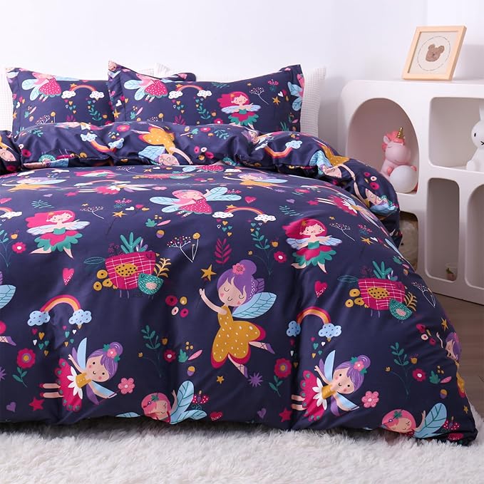 JSD Fairy Floral Kids Duvet Cover Set Twin Size, 2 Piece Girls Printed Microfiber Comforter Cover with Pillow Sham Zipper Closure, Comforter Not Included