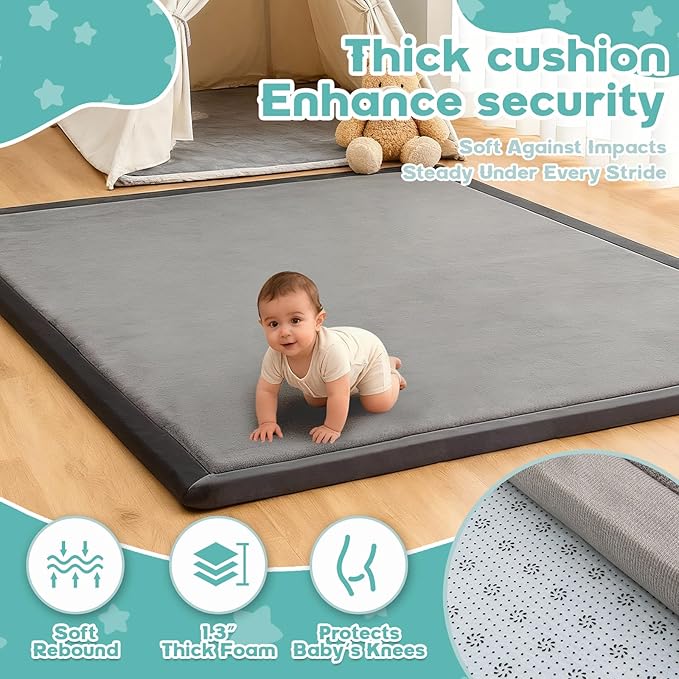 Baby Play Mat for Floor, 71'' x 59'' Thicken Foam Soft Padded Playmat for Tummy Time, Playpen Mat for Toddlers, Water-Repellent Coral Velvet, Non-slip Bottom Safe for Crawling (Dark Grey)