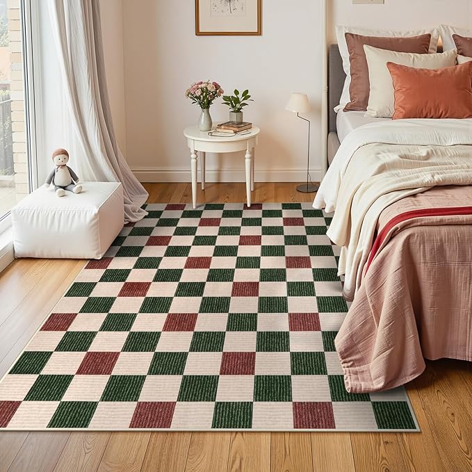 Machine Washable 5x7 Area Rugs for Living Room Christmas Clearance Checkered, Non Slip Low Pile Farmhouse Modern Neutral Playroom Boys Rugs for Bedroom, Carpet Rugs for Dining Room(Christmas,5'x7')