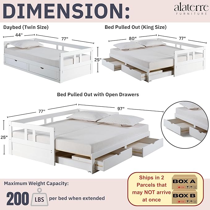 Alaterre Furniture Melody Twin to King Extendable Daybed with Trundle and Storage Drawers – Solid Pine Wood Kids Bed Frame with Headboard – Guest Bed for Boys, Girls, Toddlers, or Teens (White)
