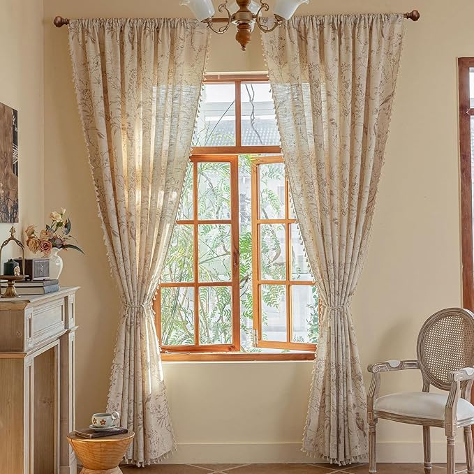 OYX Boho Curtains, Floral Curtains Beige with Garden Birds, Farmhouse Birds Drapes 84 Inches Length Semi Blackout, Rod Pocket Vintage French Country Window Curtain Set 2 Panels for Kitchen, Bedrooms