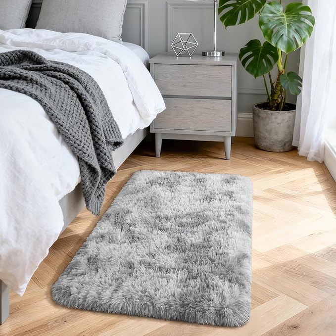 Merelax 2x3 Small Rug for Bedroom Livingroom Mini Space Home Decor, Modern Indoor Shaggy Plush Fluffy Furry Fur Rugs Comfy Nursery Kids Room Floor Carpet, Tie-Dyed Light Grey