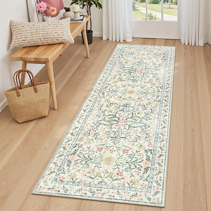 Lahome Washable Runner Rug 2x6, Boho Kitchen Runner Rugs 24 x 72 Non Slip,Vintage Indoor Throw Carpet for Bedside Hallway Entry Bedroom Laundry, Beige/Multi