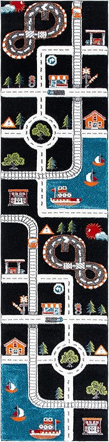 SAFAVIEH Carousel Kids Collection Area Rug - 2'3" x 10' Runner, Black/Ivory, Geometric Design, Ideal for High Traffic Areas in Living Room, Bedroom, Dining (CRK192Z)