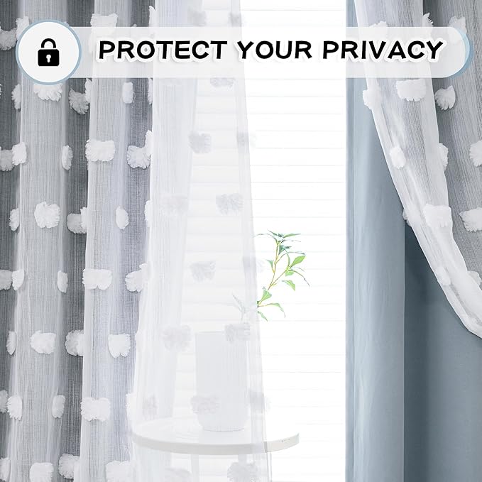MYSKY HOME Blue Living Room Curtains Kids Curtains for Boys Bedroom 84 Inches Long Double Layer Curtains Room Darkening Grommet White Pom Pom Sheer Blackout Curtains Dusty Blue 52 x 84 Inch 2 Panels