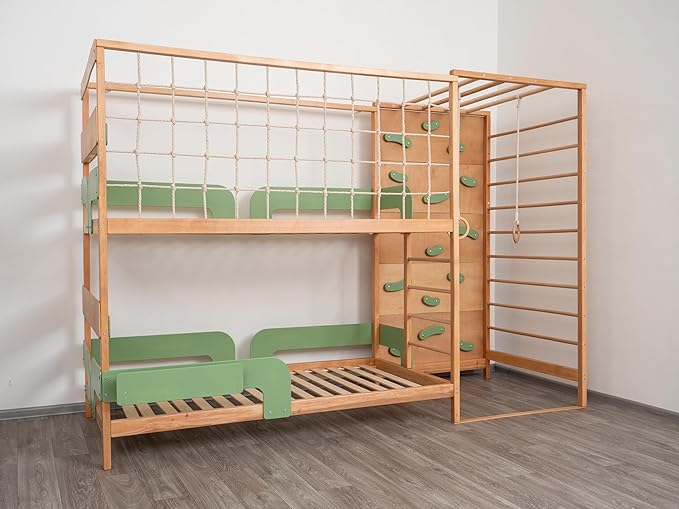 BUSY WOOD Montessori Twin Floor Bed for Toddler - Climbing Set for Kids - Jungle Gym Bedframe