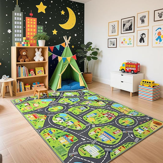City Life Play Rugs, Educational and Fun Urban Road Play Mat for Kids, 72"x48" Non-Slip Playmat with Streets, Traffics & Buildings for Imaginative Play, Nursery and Playroom