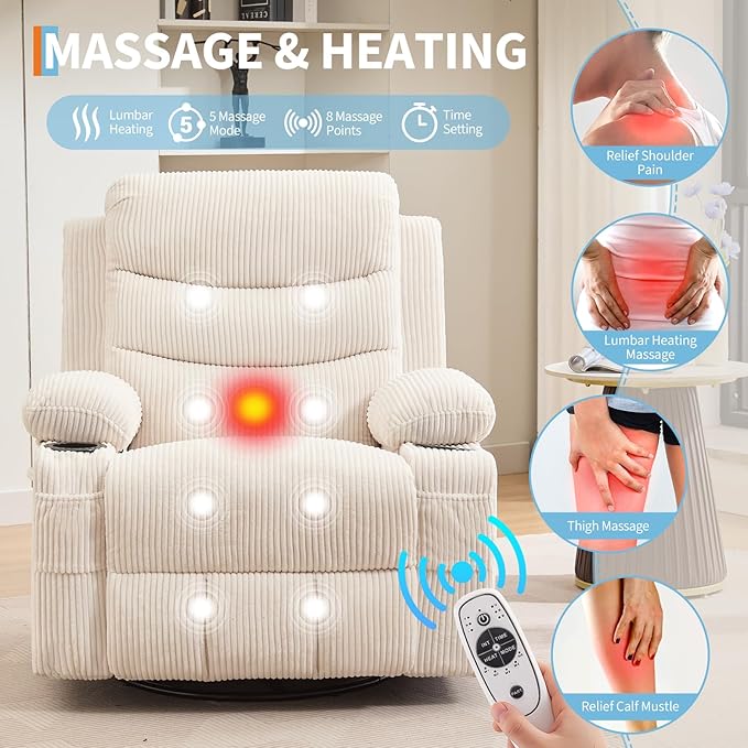 Recliner Chair Nursery, Oversized Manual Reclining Rocking Chair, 360 Swivel Glider with Cup Holder, Massage and Heat Recliner, Indoor Small Single Sofa Chairs for Adults, RV, Bedroom, Corduroy Beige