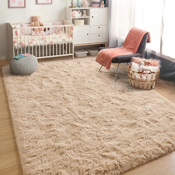 BENRON Fluffy Beige Rugs for Living Room Bedroom 4x6, Soft Plush Fuzzy Shaggy Rugs for Kids Girls Boys Room Decor, Washable Indoor Floor Carpets