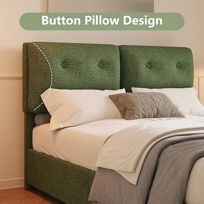 Full Size Bed Frame with Headboard, Cloud Boucle Upholstered Bed Frame, Modern Soft Style, Adjustable Headboard, No Box Spring Needed, Easy Assembly, Green