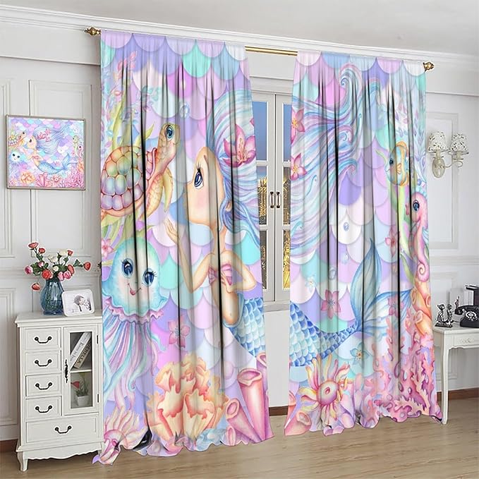 Fantasy Mermaid Curtain Dream Cartoon Marine Organisms Turtle Coral Ocean Theme Dream Blackout Window Treatment for Kids Girls Bedroom Nursery Room Decor Rod Pocket Window Drapes 42x45in