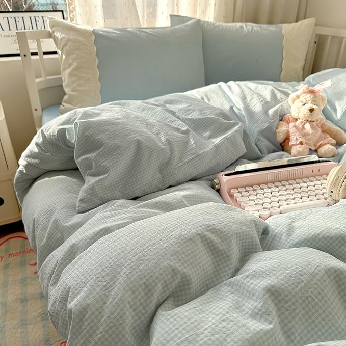 LifeTB Blue Gingham Duvet Cover Queen 3 Pieces Blue Plaid Comforter Cover with Chic White Lace Soft Microfiber Checkered Grid Duvet Cover with 2 Pillowcases Breathable Gingham Plaid Bedding Set