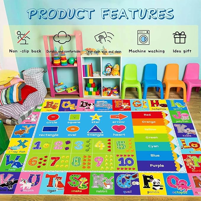 ABC Play Carpet for Kids – Extra Large Preschool Rug with ABCs, Numbers, Animals, and Colors for Playroom & Classroom - (78.7X59 Inches)