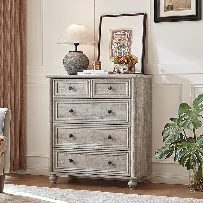Farmhouse 5 Drawer Dresser for Bedroom, 35.5" Tall Small Dressers & Chest of Drawers, Rustic Wood Dresser with Roman Column, Storage Organizer for Living Room, Hallway, Closet (Grey)