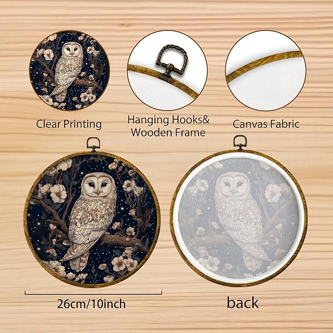 Hiuwevt Enchanted Forest Owl Round Wall Art Decor, Mystical Starry Night Whimsical Owl Hanging Canvas Prints Artwork Framed, Dark Cottagecore Animal Circular Wall Decor for Home Room, 10x10 Inch