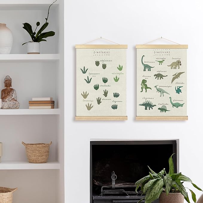 BCUANGD Dinosaur Dino Paws Wall Decor - Baby Toddler Boys Room Wall Art Poster Hanger with Wood Frames, Inspirational Hanging Canvas Decor for Kids Room Playroom Nursery Bedroom, 16x24 Inches