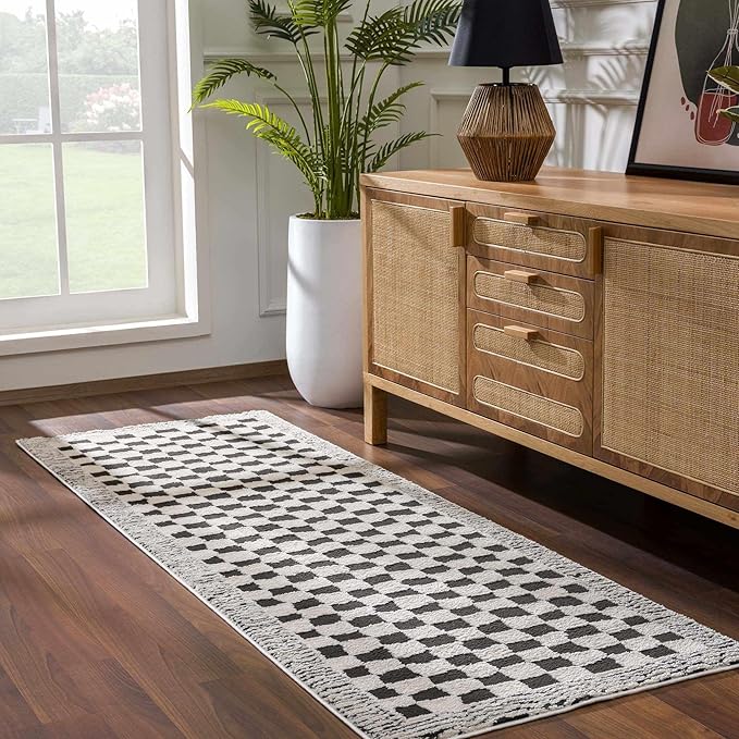 Hauteloom Leryn Contemporary Checkered Area Rug - Modern Geometric Bordered Carpet for Living Room, Bedroom - Checkboard Design - Square Tiles - High Pile - Black and White - 6'7" x 9' (6x9)