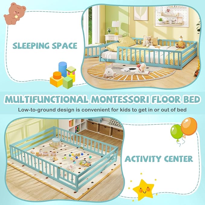 Giantex Queen Floor Bed with Door & Fence, Kids Wood Montessori Beds with Safety Guardrails, Floor Bed Twin for Kids, Boys, Girls, No Box Spring Needed, ICY Aqua