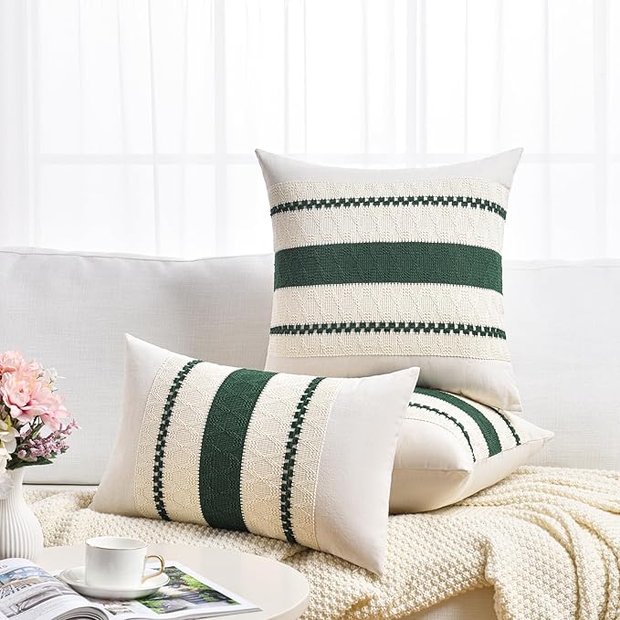 Fancy Homi Set of 2 Dark Green Boho Decorative Throw Pillow Covers 16x16 Inch for Couch Bed Sofa Bedroom Indoors, Modern Farmhouse Vintage Forest Green Living Room Decor