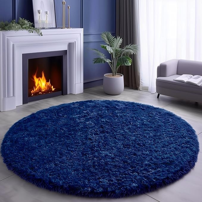 Navy Blue Round Rug 7Ft for Living Room Bedroom, Large Fluffy Fuzzy Circle Area Rugs for Teen Boys Baby Kids, Cute Shaggy Plush Floor Royal Dark Blue Carpet for Dorm Nursery Playroom Decor Aesthetic