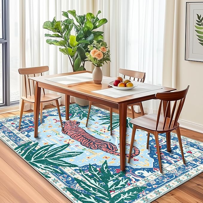 8x10 Washable Non-Slip Blue Tiger Rug for Living Room Bedroom Dining Room Vintage Neutral Tropical Animal Cheetah Print Jungle Rug Soft Cozy Whimsical Woodland Large Carpet for Boys Room Playroom