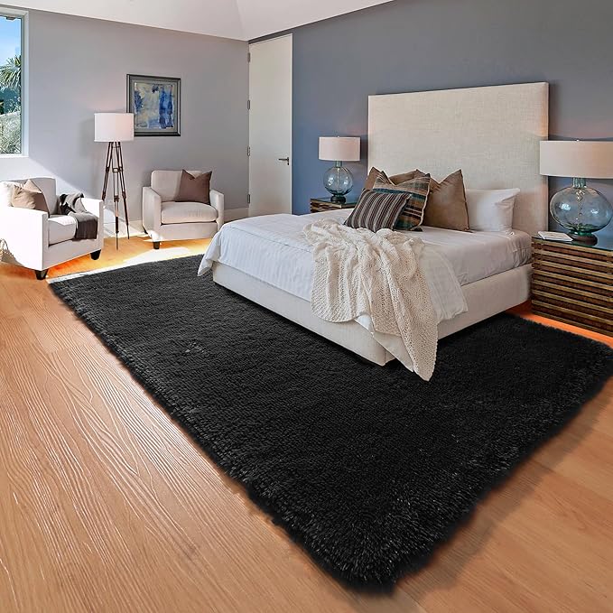 ONASAR Black Area Rugs for Living Room Bedroom, 5x8 Fluffy Shaggy Rug, Washable Soft Plush Large Indoor Floor Carpet for Nursery Kids Girls Boys Teen Dorm Bedside Playroom Home Office Decor Aesthetic