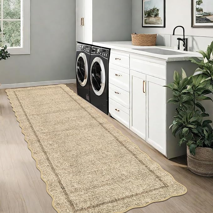 GarveeHome Scalloped Washable Runner Rug 2x6 Runner Modern Kitchen Runner Rug Non Slip Farmhouse Entryway Rug Soft Bathroom Rugs Stain Resistant Carpet for Laundry Bedroom 2 ft x6 ft Jute