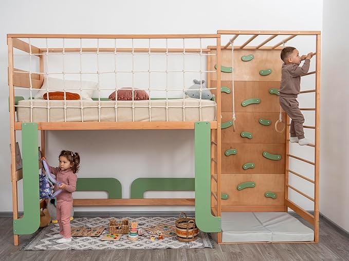 BUSY WOOD Montessori Twin Bunk Bed for Toddlers - Jungle Gym Bed for Sleeping and Climbing