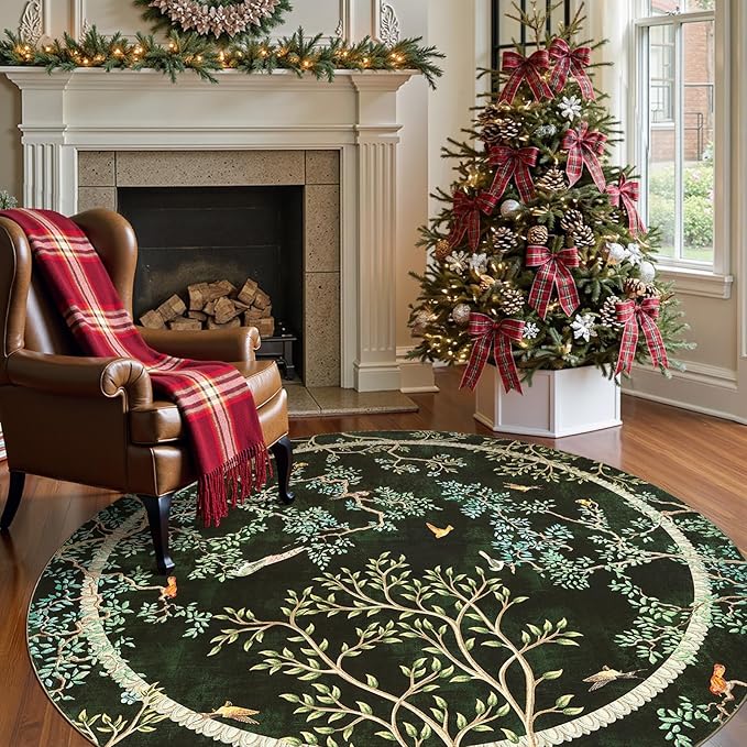 jinchan Yarden Christmas Round Rugs 6ft Moss Green Botanical Birds Print,Machine Washable 6' Circle Nature Plants Modern Soft Non-Slip Kids Throw Area Rugs, Low Pile Carpet for Living Room Bedroom