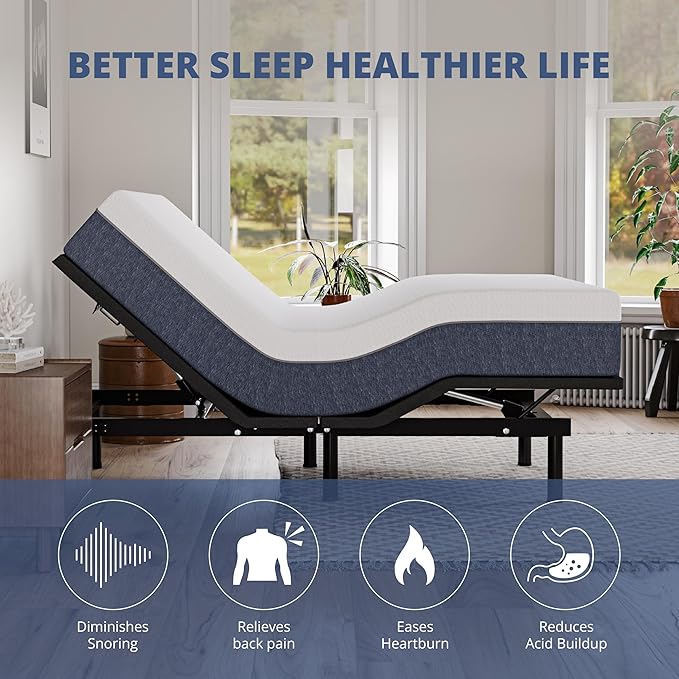 EGOHOME Twin XL Adjustable Bed Frame and 14 inch Charcoal Gel Memory Foam Mattress, Independent Head and Foot Incline with Massage, Wireless Remote, Zero Gravity, Adjustable Legs, No Headboard
