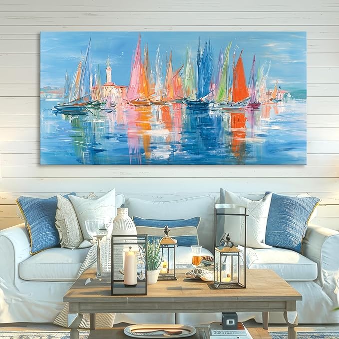 Nautical Sailboat Wall Art for Living Room Blue Ocean Theme Canvas Print Modern Abstract Coastal Picture Cityscape Painting Colorful Venice Coastal Scene Seaside Bedroom Bathroom Artwork 23x46inch
