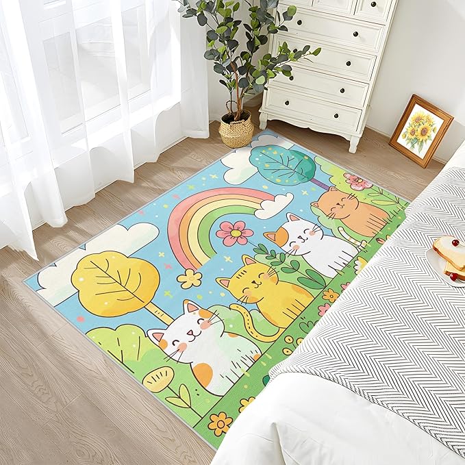 Cat Rug for Bedroom - Cute Kawaii Kitten Area Rug 8x10 - Washable Non Slip Soft, Cat Lovers Cartoon Rainbow Rugs for Living Room, Kids Baby Nursery Playroom Carpet, Cats Home Decor & Gifts